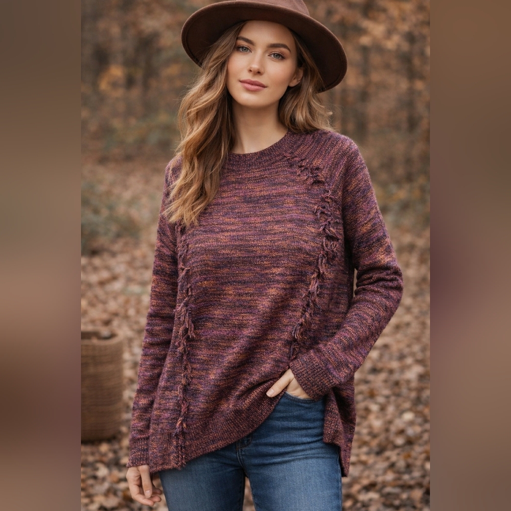 Lord & Taylor Marled Purple Fringe Seam Sweater Boho Cozy Knit Pullover SM S